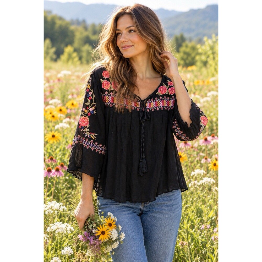 Andrée by Unit L Black Embroidered Floral Gauze Boho Peasant Blouse Cottagecore